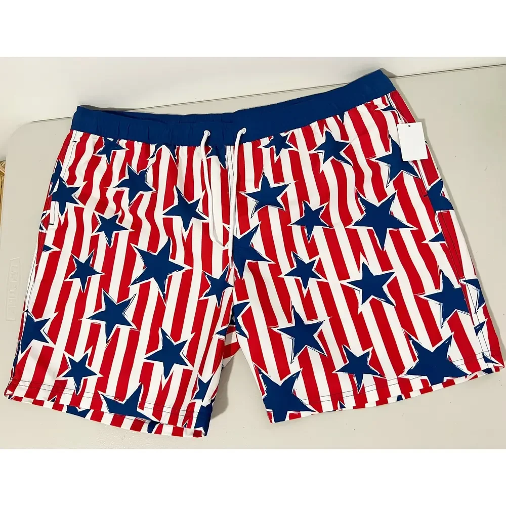 Mad Engine Mens Star Print Striped Americana 4th Of July Swim Trunks‎ XL New